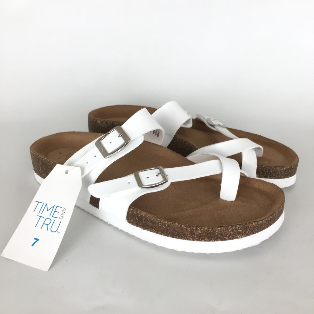 Women’s Comfort Sandals NEW White by Time And Tru Double Buckle Cork Footbed - Picture 6 of 12